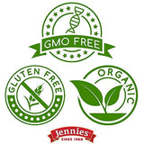 Three green certification logos for GMO free, gluten free, and organic with Jennies logo at the bottom.