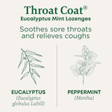 Advertisement for Throat Coat Eucalyptus Mint Lozenges with botanical illustrations and text on a white background.