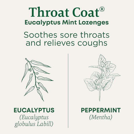 Advertisement for Throat Coat Eucalyptus Mint Lozenges with botanical illustrations and text on a white background.