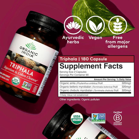 Triphala supplement bottle with supplement facts  on a magenta background