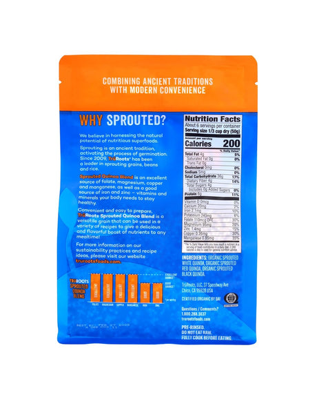 Back view of a blue and orange package with nutritional information and text.