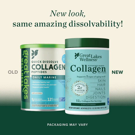 Two Great Lakes Wellness collagen product containers with text about dissolvability.