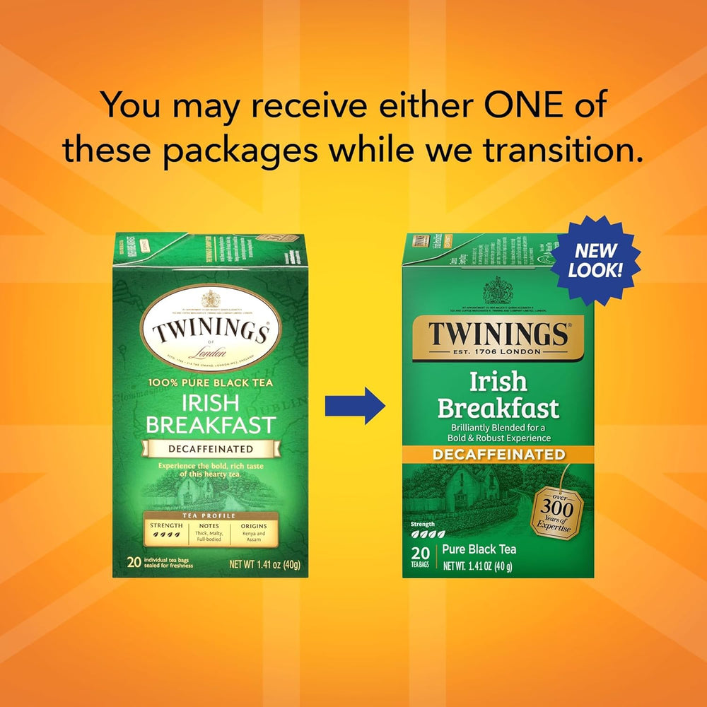 Two Twinings Irish Breakfast Decaffeinated tea packages on an orange background with text about package transition.