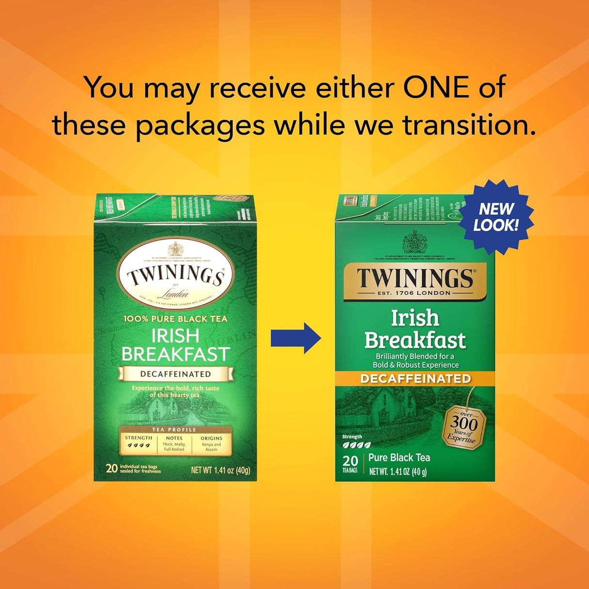 Two Twinings Irish Breakfast Decaffeinated tea packages on an orange background with text about package transition.