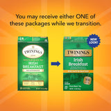 Two Twinings Irish Breakfast Decaffeinated tea packages on an orange background with text about package transition.