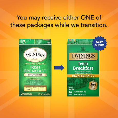 Two Twinings Irish Breakfast Decaffeinated tea packages on an orange background with text about package transition.