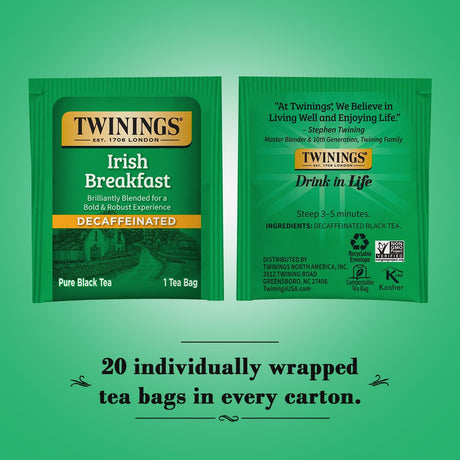 Two Twinings tea bags on a green background with branding and product details.