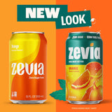 Two Zevia orange soda cans on an orange background with 'New Look' text.