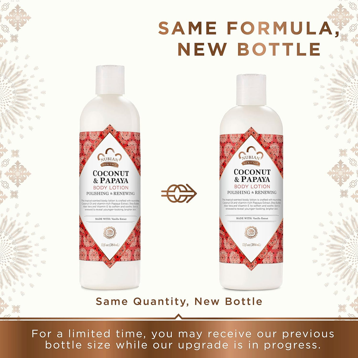 Two bottles of List of ingredients Nubian Heritage Coconut and Papaya body lotion   with decorative elements on a patterned background.
