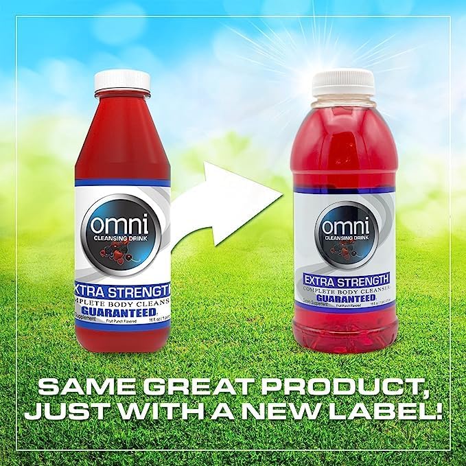 Two bottles of Omni Cleaning Drink on grass with a blue sky background