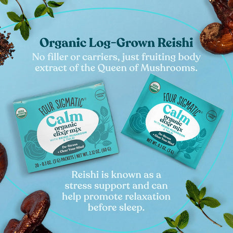 Two boxes of Four Sigmatic Calm organic elixir mix on a blue background with text about Reishi mushrooms.
