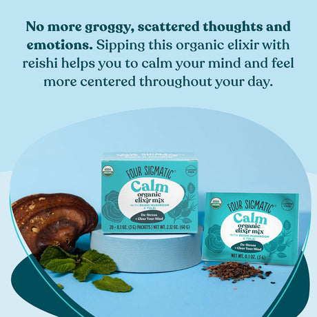 Two boxes of Four Sigmatic Calm organic elixir mix with reishi on a light blue background.