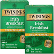 Two boxes of Twinings Irish Breakfast Decaffeinated tea on a white background