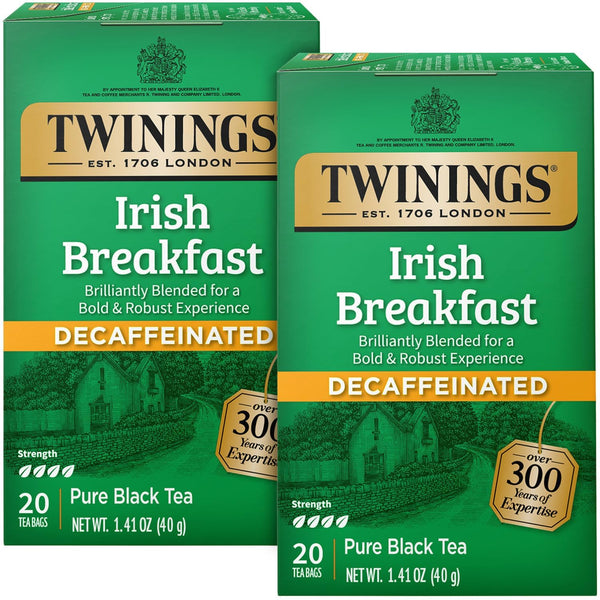 Two boxes of Twinings Irish Breakfast Decaffeinated tea on a white background