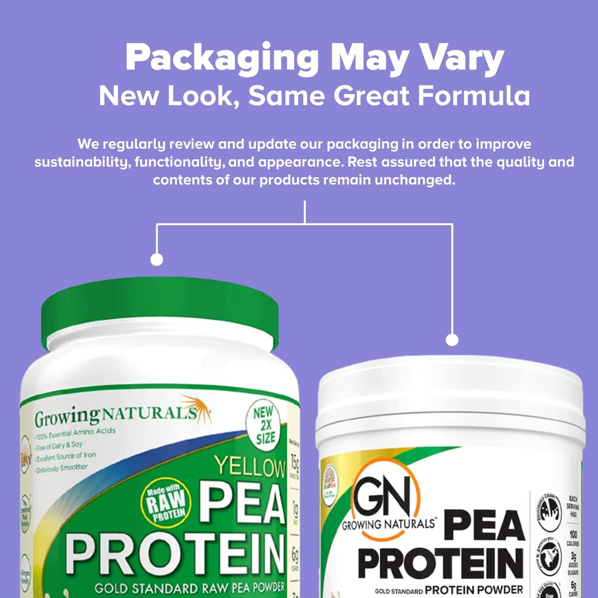 Two containers of Growing Naturals Pea Protein with a purple background and text about packaging changes.