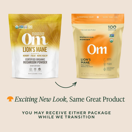 Two packages of Om Lion's Mane mushroom powder on a beige background with text about product transition.