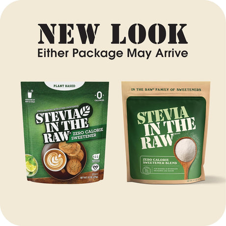 Two packages of Stevia in the Raw sweetener on a beige background with text indicating new packaging.