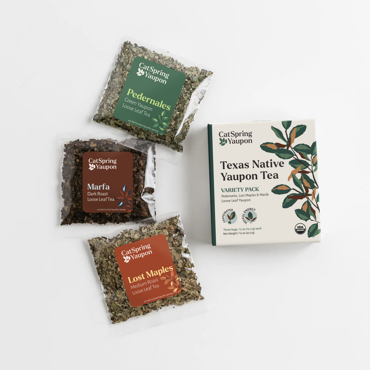 Loose Leaf Yaupon Variety Pack – Green, Medium & Dark Roasts
