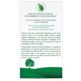 Brochure or informational sheet about Advanced Botanical Fingerprint Technology with green tree graphics on a white background.