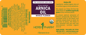 Label of Arnica Oil from Herb Pharm with text and branding details.