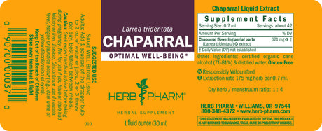 Chaparral Liquid Extract label from Herb Pharm with supplement facts and branding details.