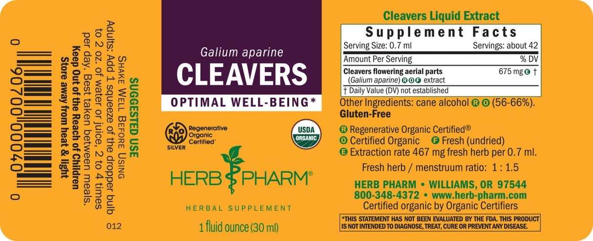 Herbal supplement label for Cleavers by Herb Pharm with supplement facts and branding details.