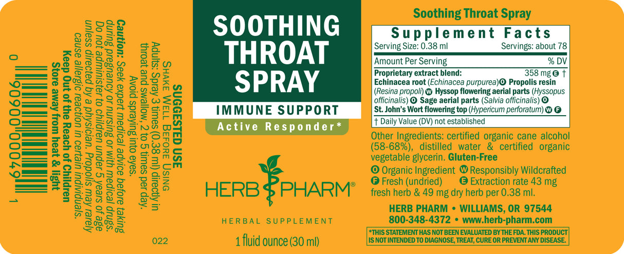 Herb Pharm soothing throat spray label with supplement facts and branding.