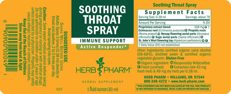 Herb Pharm soothing throat spray label with supplement facts and branding.