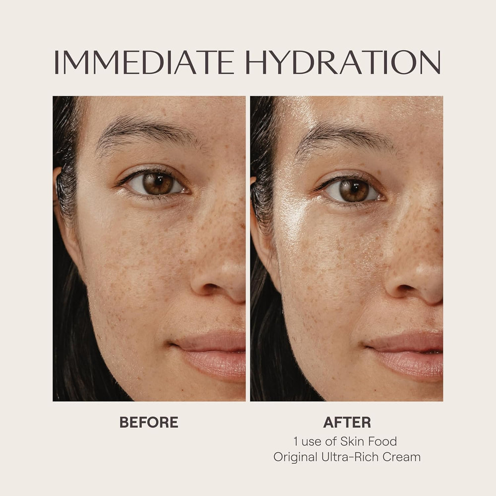 Weleda Skin Food Ultra-rich Before and after comparison of a person's face with immediate hydration using Skin Food cream.