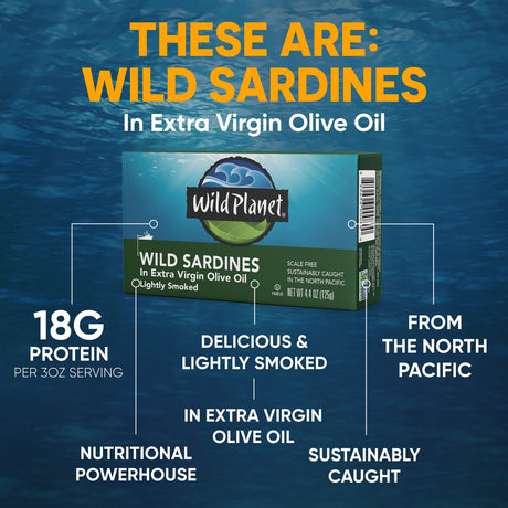  Wild Planet wild sardines in extra virgin olive oil with product packaging and ocean background.