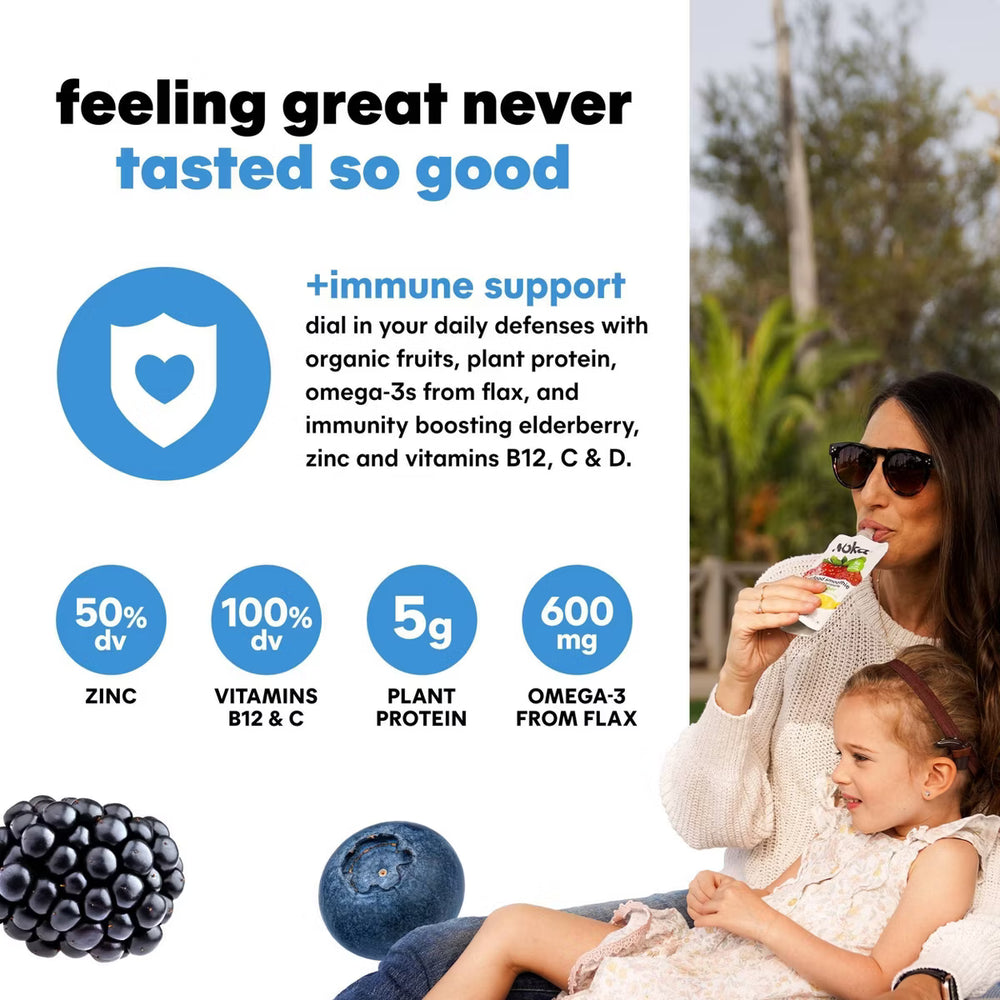 Woman and child outdoors with  Noka superfood smoothie pouch, text about immune support, and nutritional information.