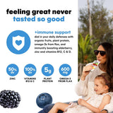 Woman and child outdoors with  Noka superfood smoothie pouch, text about immune support, and nutritional information.