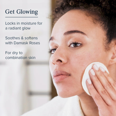 Woman applying skincare product with text about moisturizing and soothing skin.