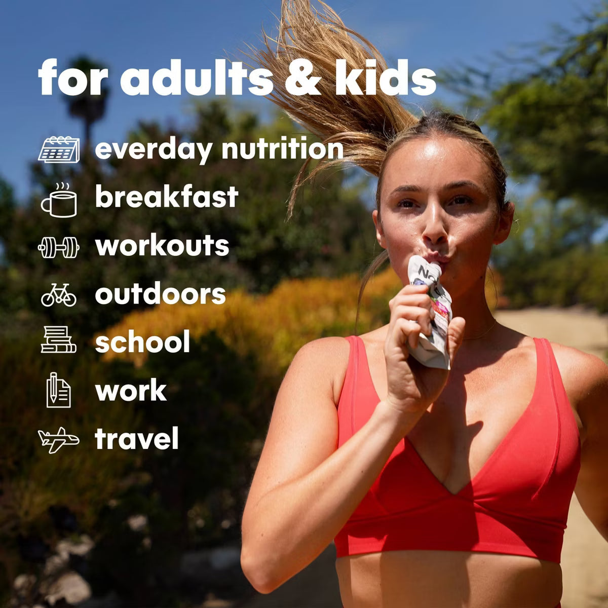 Woman in red sports bra eating a Noka superfood smoothie pouch with text about nutrition for adults and kids.