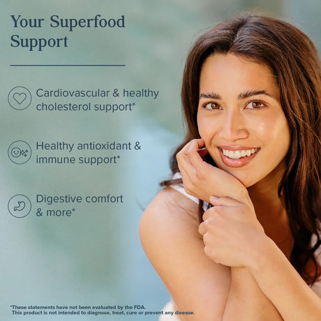 Woman with a blurred natural background and text about superfood support.