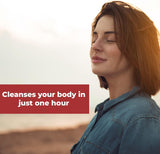 Woman with a serene expression on a beach, with text about a cleansing product.