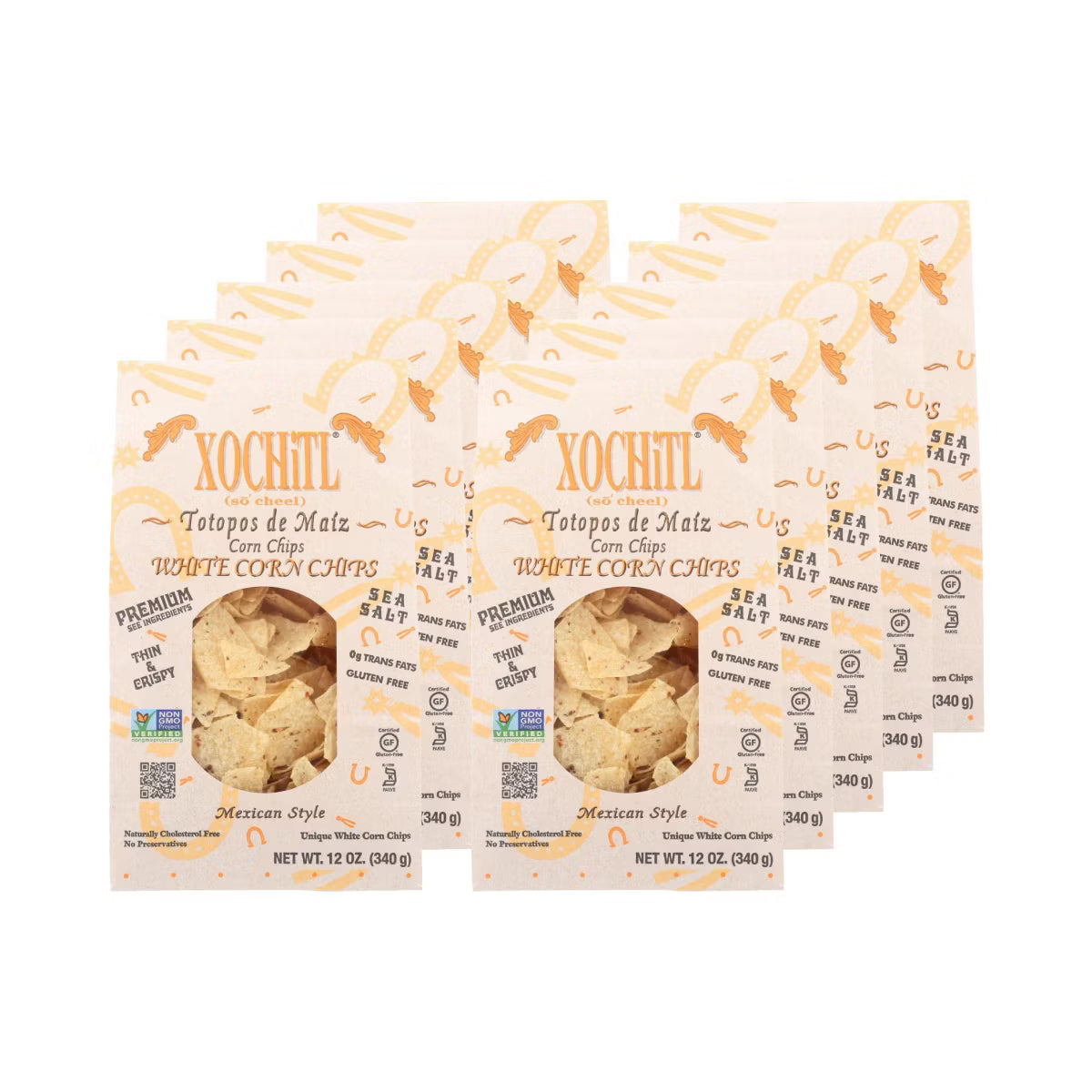 10 packages of Xochitl white corn chips on a white background