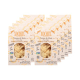10 packages of Xochitl white corn chips on a white background