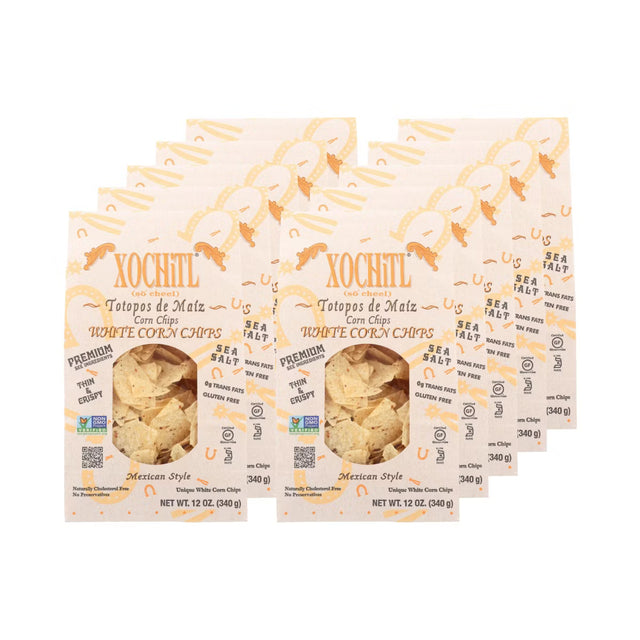10 packages of Xochitl white corn chips on a white background