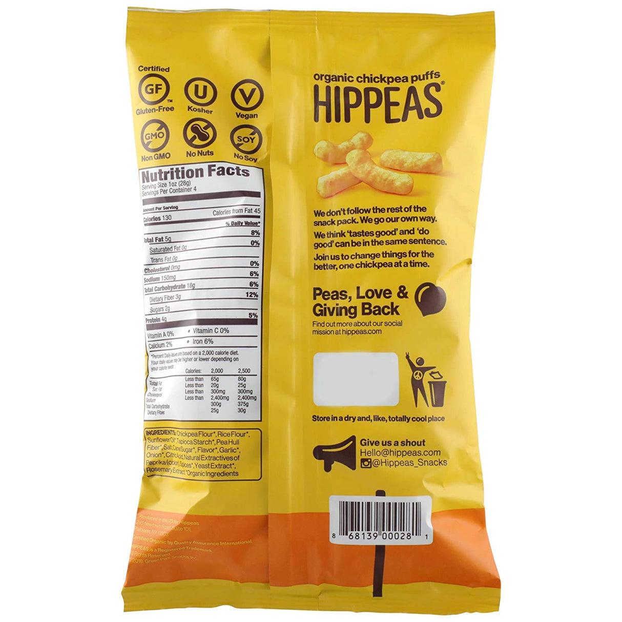 Yellow package of HIPPEAS organic chickpea puffs with nutritional information and branding details.