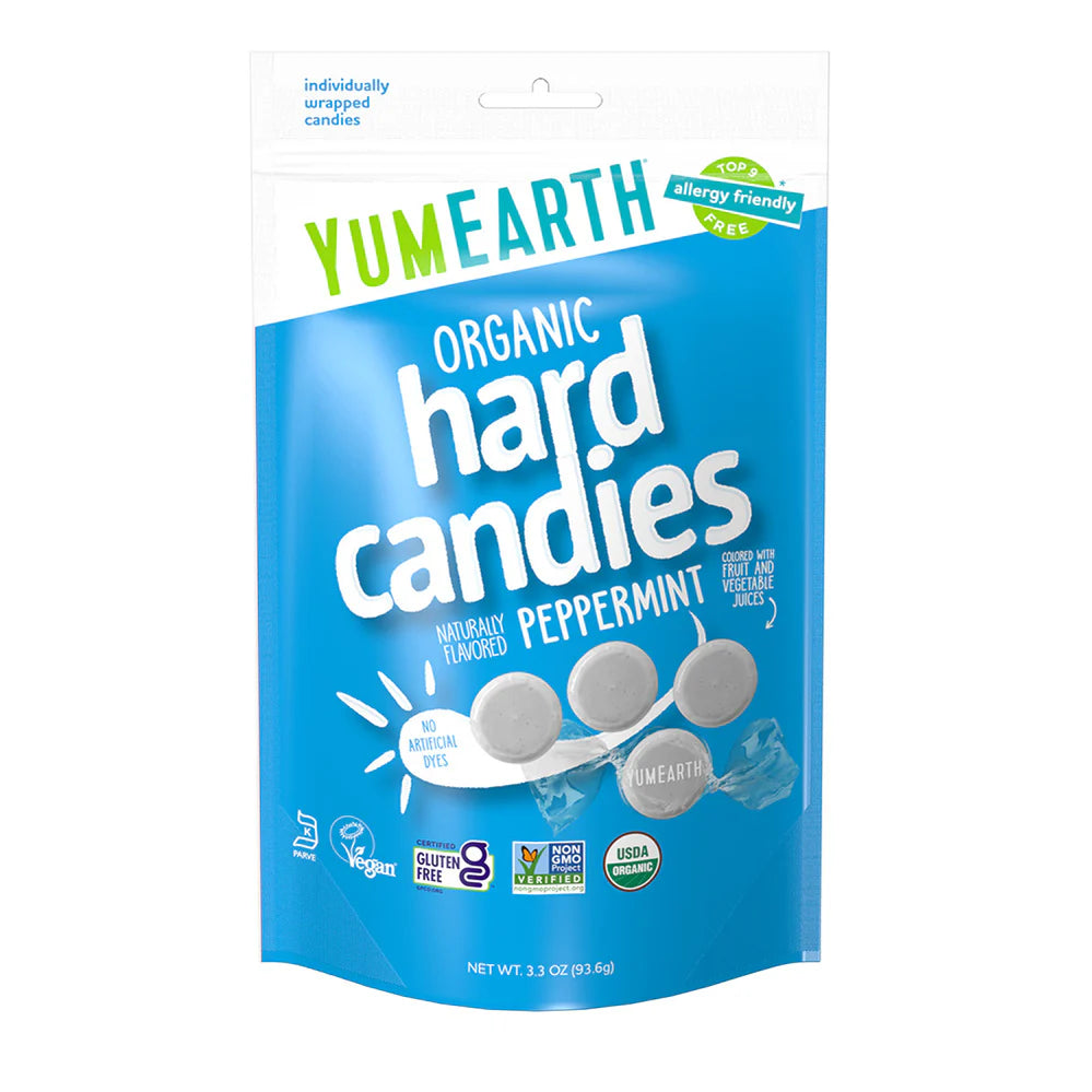 YumEarth organic hard candies packaging with peppermint flavor on a white background