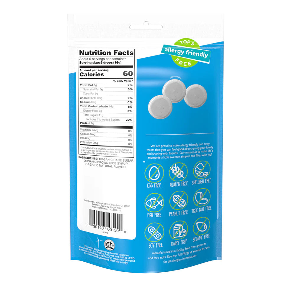 YumEarth organic hard candies packaging with peppermint flavor on a white background with nutrition  facts