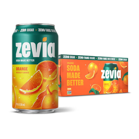 Zevia orange soda can with packaging on a white background