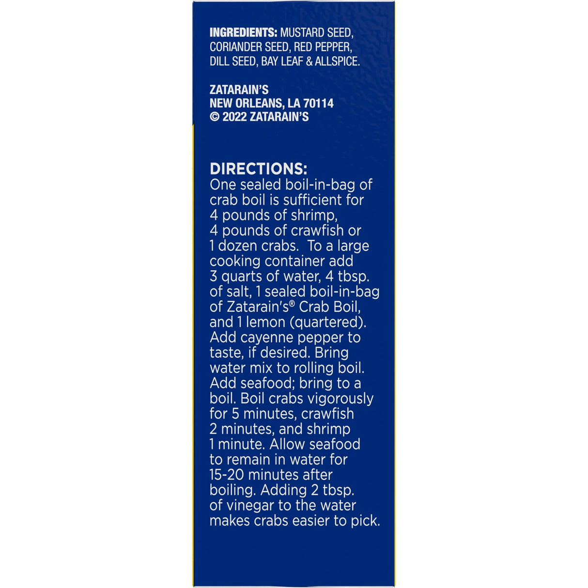 Zatarain's Crab Boil Directions label on a white background