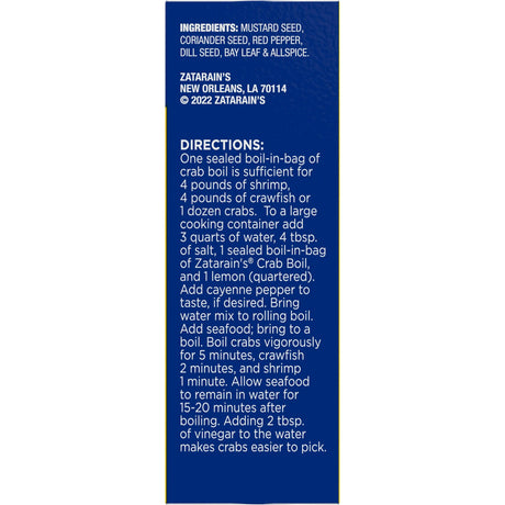 Zatarain's Crab Boil Directions label on a white background