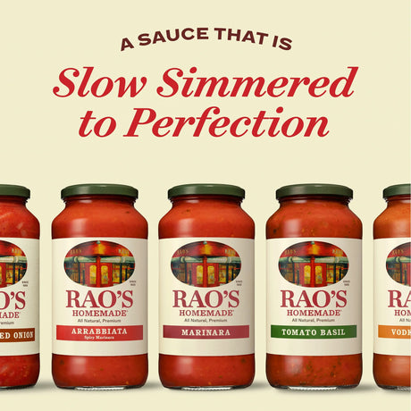 Bottles of Rao's homemade sauce with text on a beige background