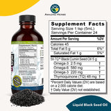 Bottle of Liquid Black Seed Oil with supplement facts label on a white background