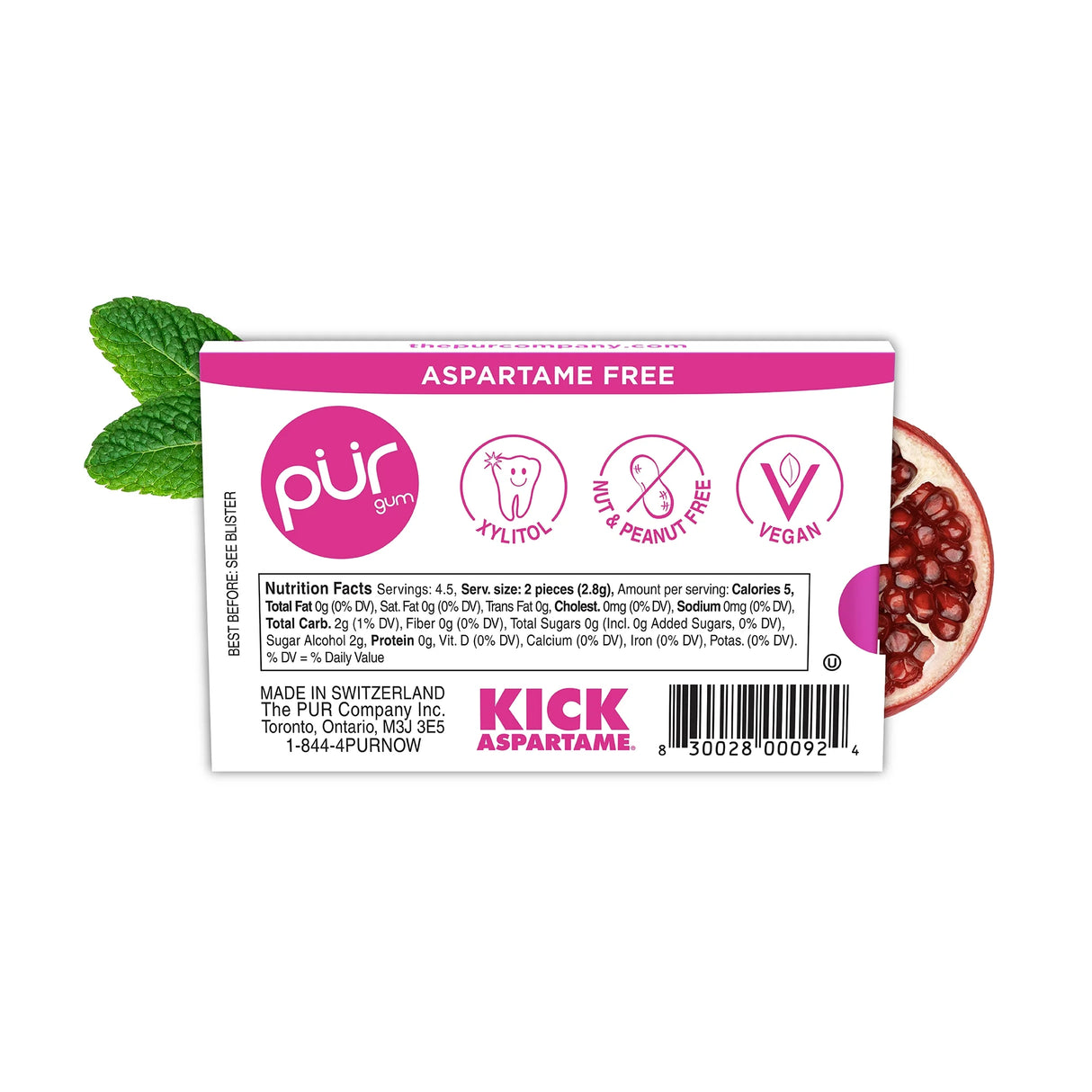 PUR Gum Pomegranate Mint, Sugar-Free, 2.72 oz, Pack of 12