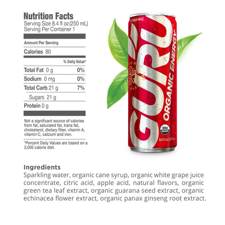 GURU Organic Energy drink can with nutrition facts and ingredients listed on a white background