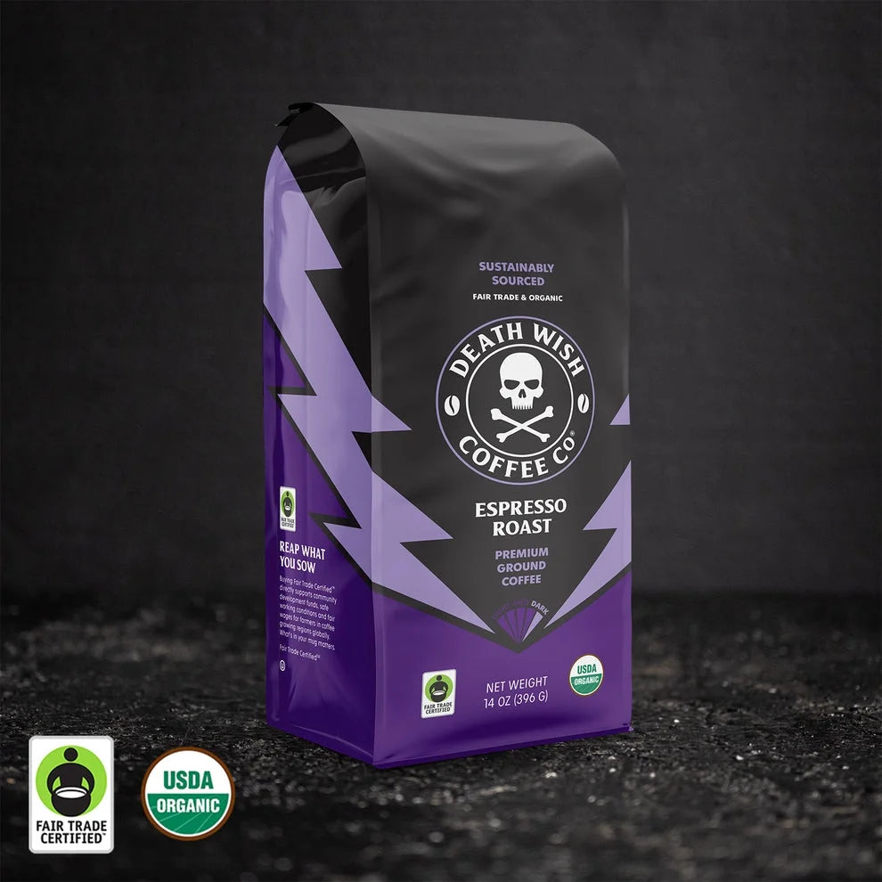 Death Wish Coffee - Organic Espresso Roast Ground, 9 oz (Pack of 6) - Strongest Coffee Available